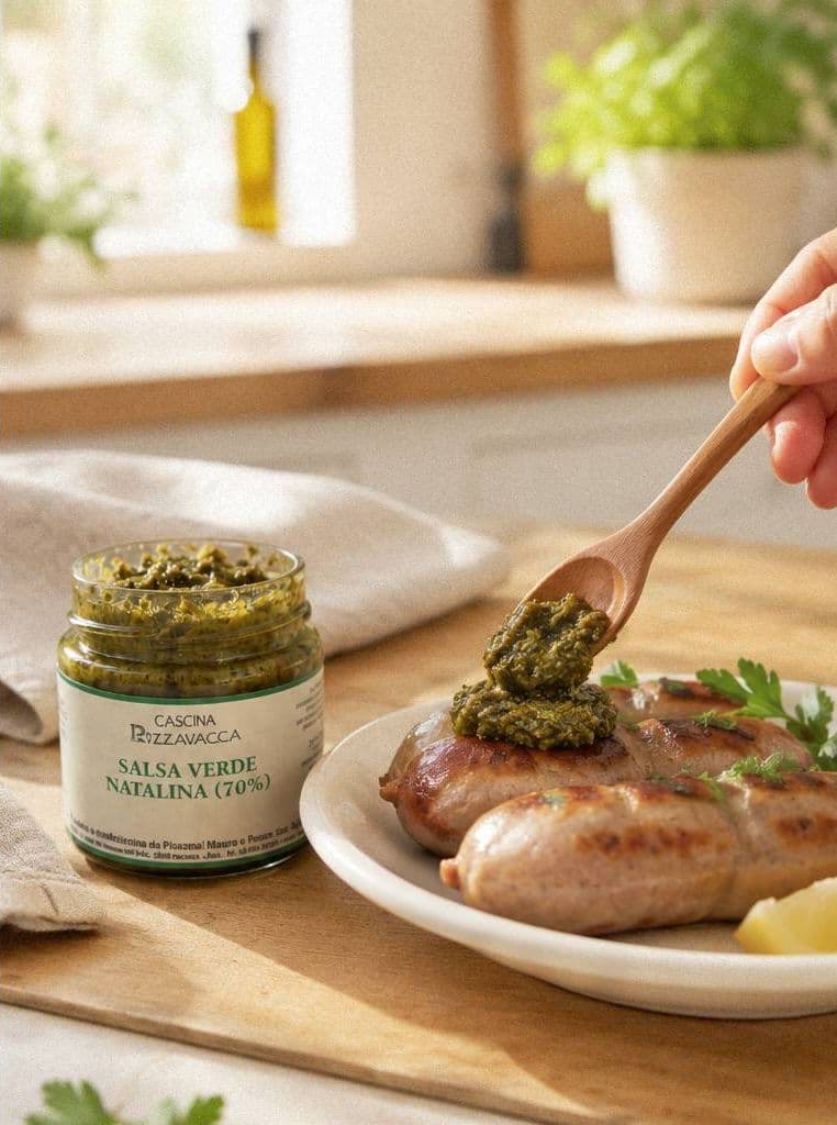 グリルした肉に木のスプーンでパセリペーストを添える様子